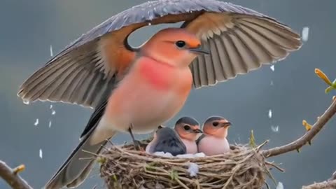 Cute mother bird protecting her cute babies from raining