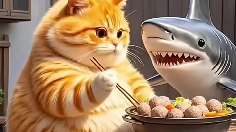 the cat pick up the shark