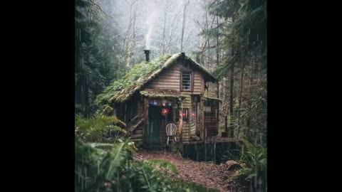 Cozy cabin in the rain