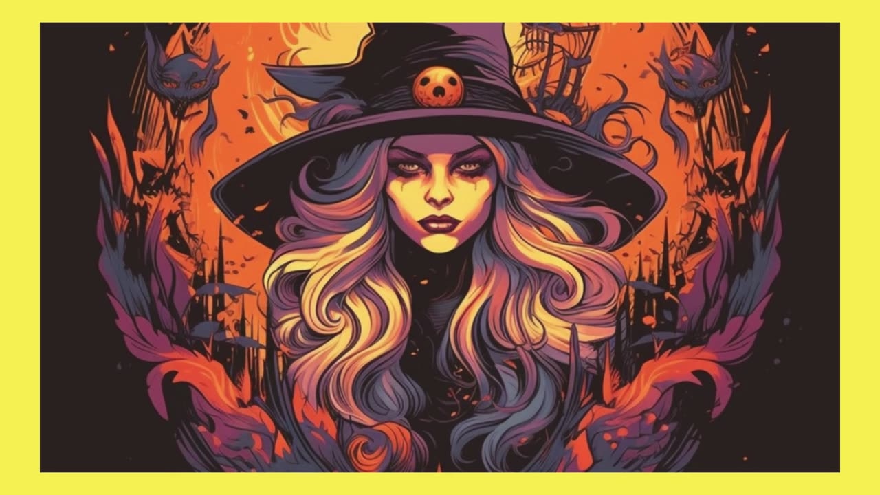 Halloween images with witches wearing a witch hat and black cats II