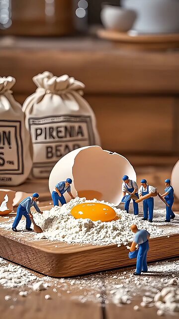 miniature tiny man making chicken fry