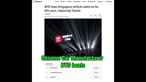 Chinese Car Manufacturer BYD beats Toyota and Tesla to have sold the Most No. of Cars in Singapore