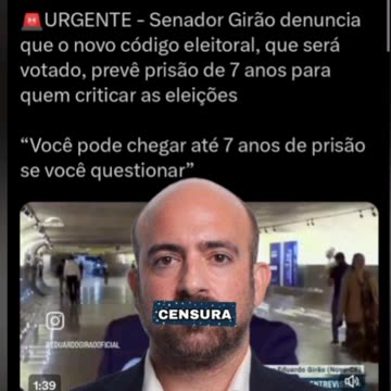 Senador Girão denuncia que o novo código eleitoral, que será votado, prevê prisão de 7 anos para quem criticar as eleições. “Você pode chegar até 7 anos de prisão se você questionar”
