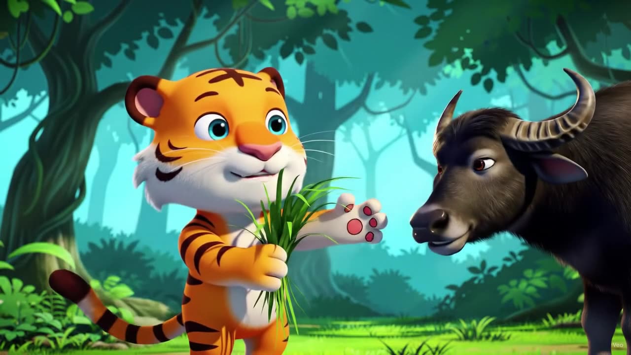 A lion King and and a buffalo eating grass in forest