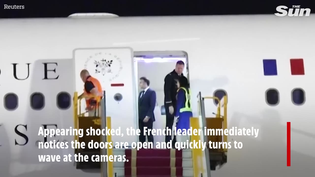 Bizarre moment Emmanuel Macron is SHOVED by wife Brigitte while ‘bickering’ as they got off plane
