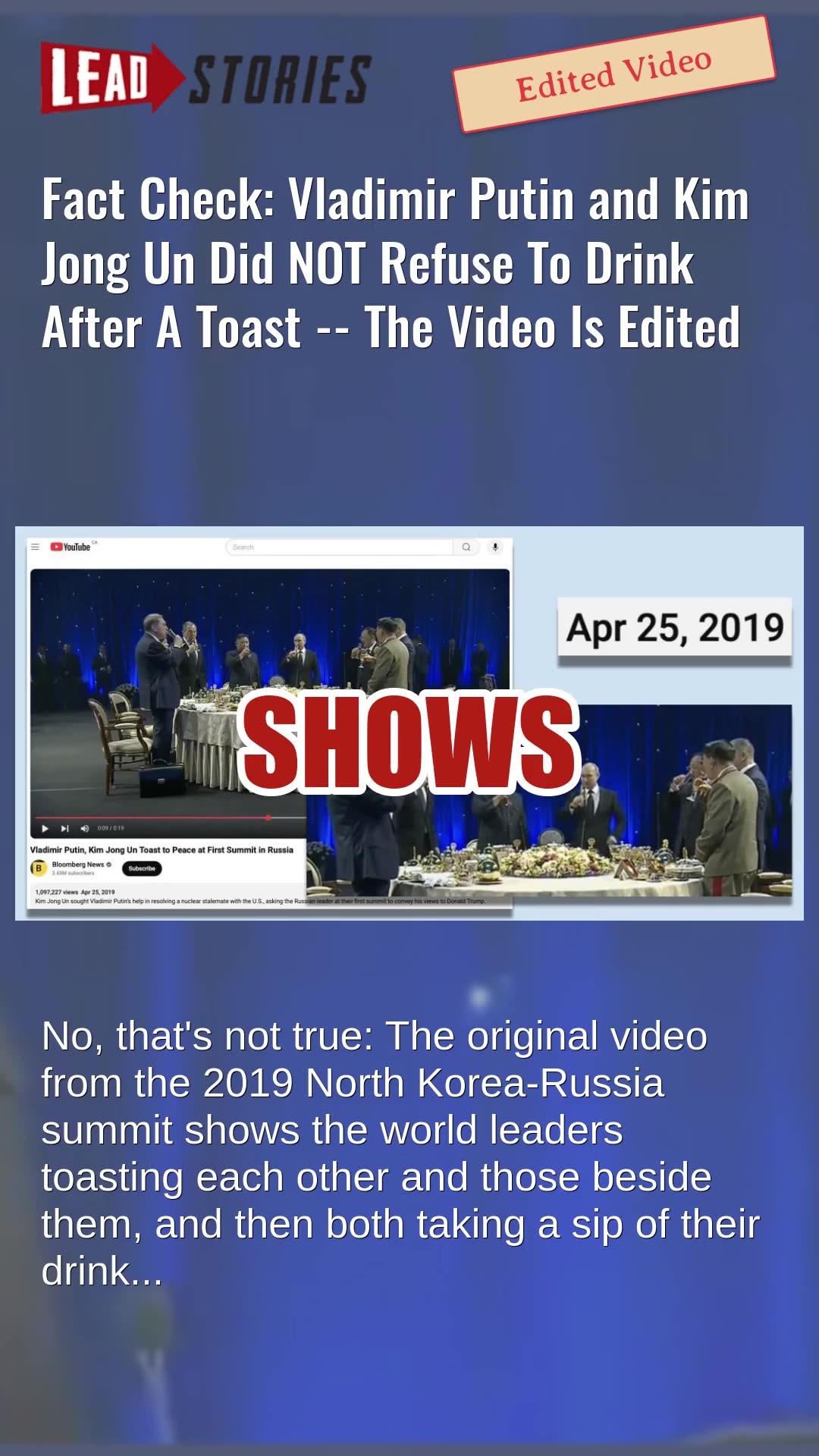 Fact Check: Vladimir Putin and Kim Jong Un Did NOT Refuse To Drink After A Toast -- Video Is Edited