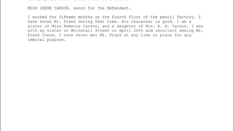 MISS IRENE CARSON, Sworn In for the Defense, 145th Witness to Testify