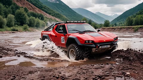 Ferrari SUV in the muddy nature