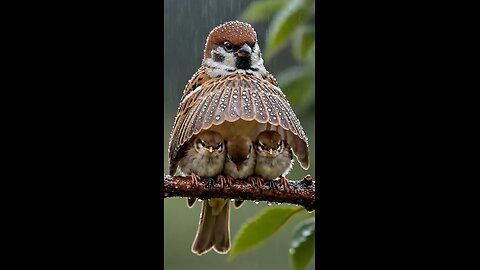 A bird is sitting on a tree in the rain with its chicks.