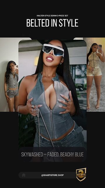 Halter-Style Denim Top and High-Waist Shorts with Belt👡🏖️🛍️