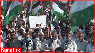 “Trump go back”- Hundreds march to US consulate in Karachi to protest latest Israeli strikes on Gaza