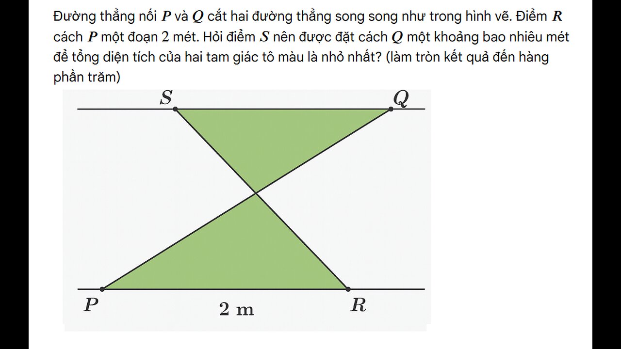 Toán 12: Đường thẳng nối P và Q cắt hai đường thẳng song song như trong hình vẽ. Điểm R cách P