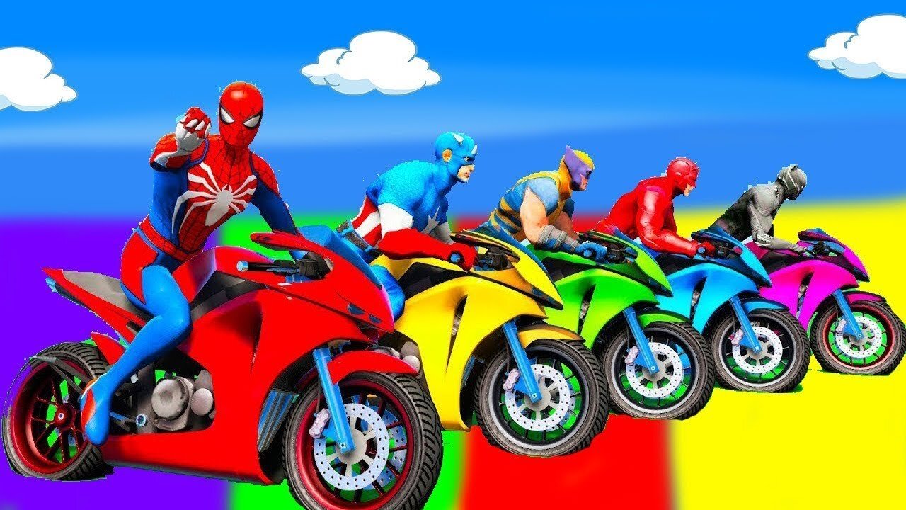 RAINBOW SPIDER MAN! on Motorcycle in Spiral Bridge