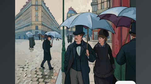 Historical Illustration of Parisian Scene on a Rainy Urban Day