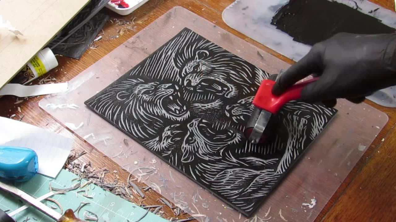 Hand-Printed Linocut: Lion Fight Block Print on Mixed Media Paper