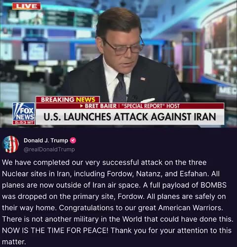 BREAKING Trump confirms U.S. military has successfully struck Iranian nuclear sitesFordow, Natanz, a