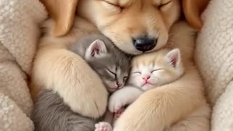 Adorable Nap Time: Puppy Cuddles Two Tiny Kittens! 🐱🐶❤️