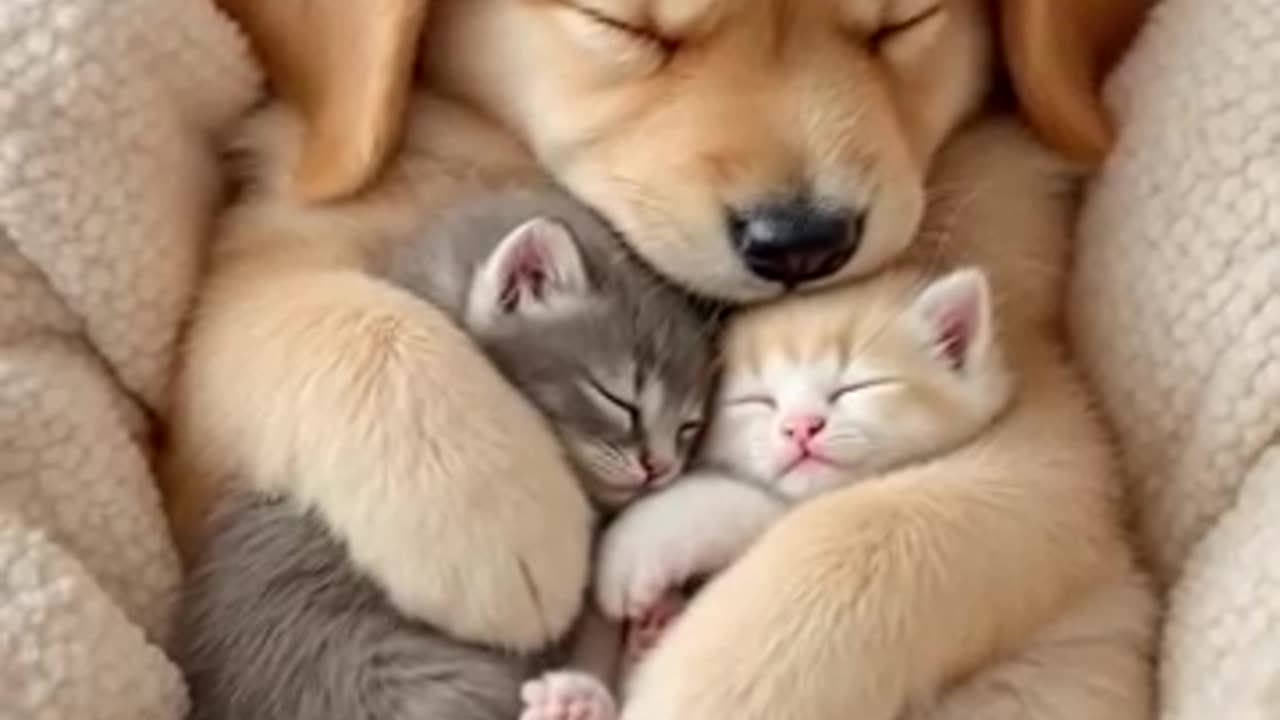 Adorable Nap Time: Puppy Cuddles Two Tiny Kittens! 🐱🐶❤️