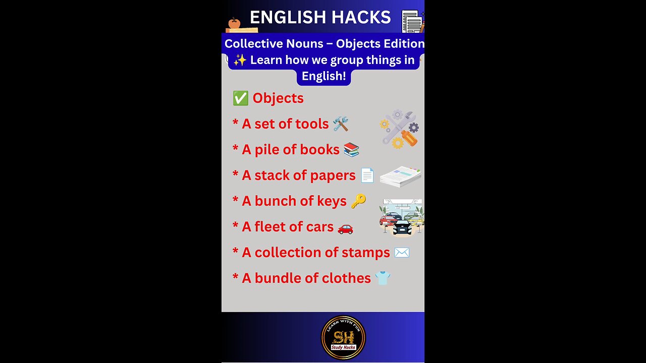 Collective Nouns - Object edition । Learn how we group things #studyhacks123 #english #shorts #noun