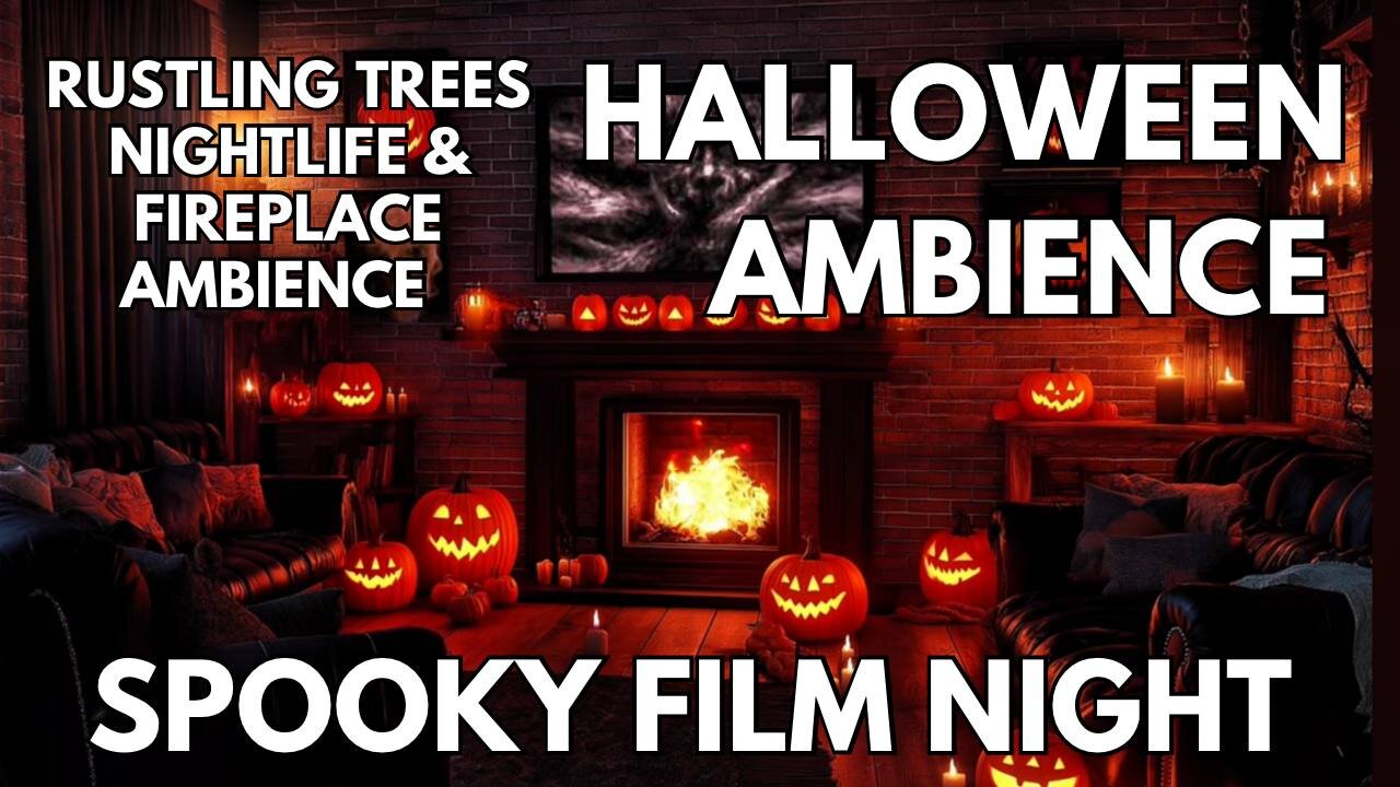 🎃 Spooky Film Night Ambience | Rustling Trees, Nightlife & Crackling Fireplace | Horror Halloween 4K ASMR