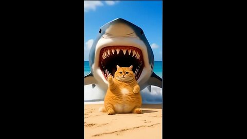 orange cat fight with a shark.Ai cartoon orange cat