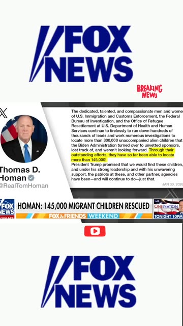 DETAILS: Homan announced 145,000 migrant kids rescued under Trump admin