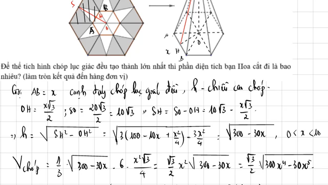 Từ một tấm bìa lục giác đều cạnh 20, bạn Hoa muốn làm một hình chóp lục giác đều bằng cách cắt..