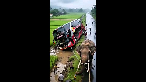 The elephant is hitting the bus.