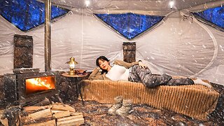 Hot Tent Camping in Wet Snow & Freezing Rain | Sounds of Snow