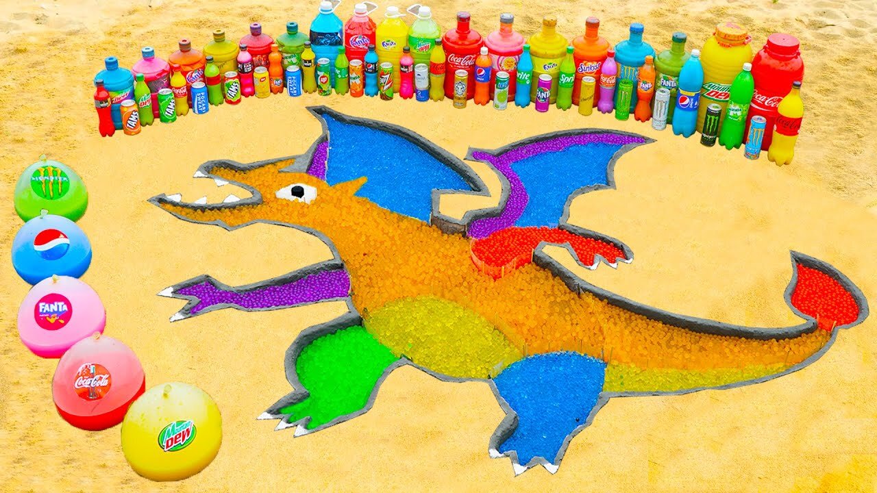 How to make Rainbow Charizard Pokémon with Orbeez, Balloons of Fanta, Mtn Dew, Coca-Cola vs Mentos