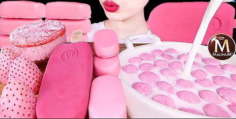 ASMR MUKBANG｜PINK ICE CREAM, MAGNUM, CHOCOLATE, MALTESERS, FROZEN FRUITS 핑크색 디저트 EATING SOUNDS 먹방