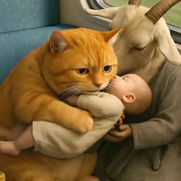 Orange cat with baby story video cartoon ai animation animal goat