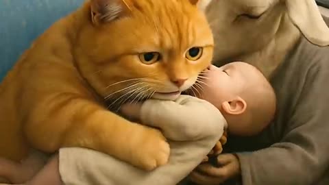 Orange cat with baby story video cartoon ai animation animal goat