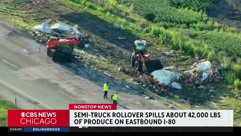 Semi carrying 42,000 pounds of produce rolls over on 1-80 near Morris, Illinois
