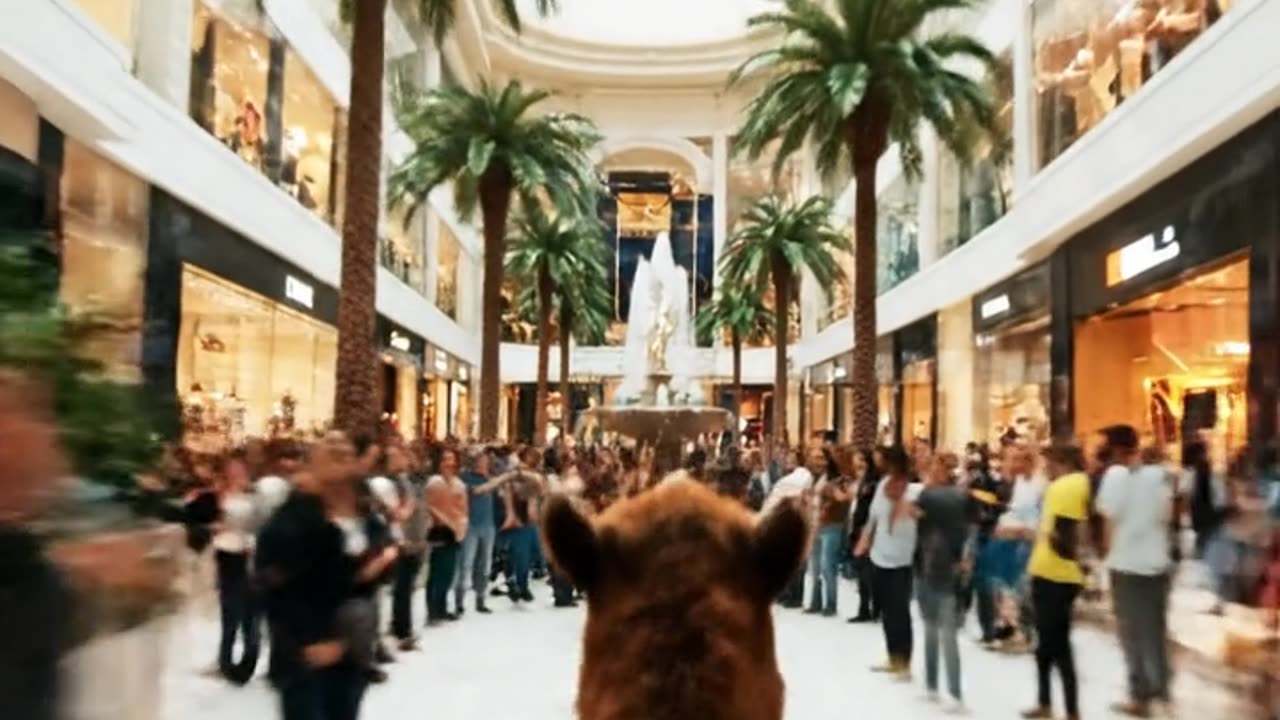 Camel racing through a shopping mall, FPV camera video