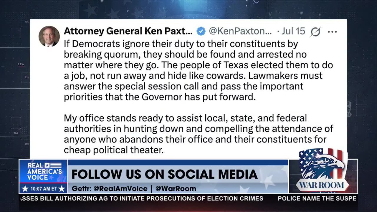 PAXTON: TEXAS DEMS CAN BE LOCKED IN TO PREVENT QUORUM BREAK