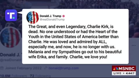 President Trump post Charlie Kirk is no longer with us 😢 Prayers for his family & friends 🙏