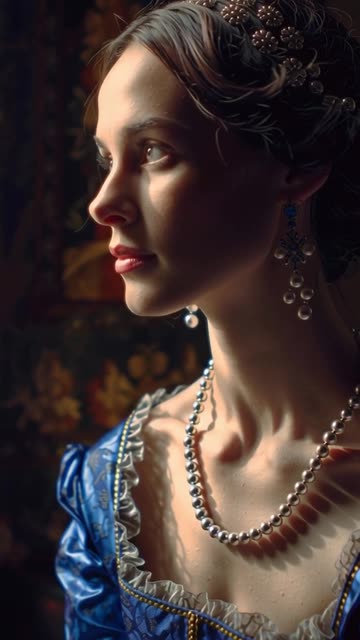 Renaissance Painterly style, a solitary woman in midnight blue satin with a baroque pearl