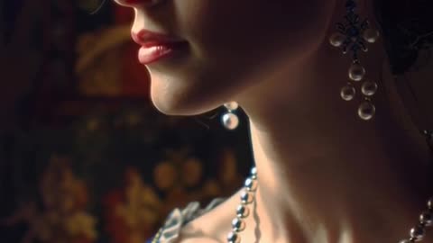 Renaissance Painterly style, a solitary woman in midnight blue satin with a baroque pearl