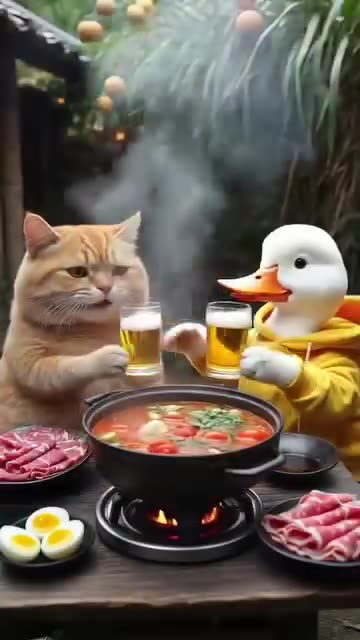 "Cat and Duck Enjoying a Meal Together!"