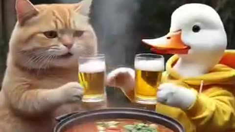 "Cat and Duck Enjoying a Meal Together!"