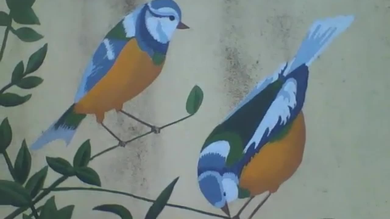 2 beautiful birds, drawn on a tree branch on the wall [Nature & Animals]