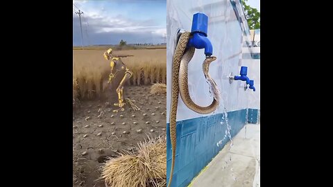 A robot is cutting paddy in the field. A snake is drinking water from the tube well.