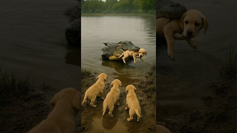 A crocodile rescues a puppy from the floodwaters