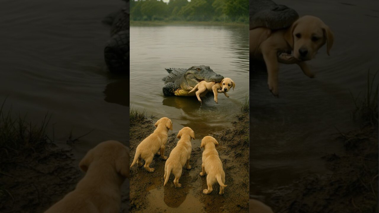 A crocodile rescues a puppy from the floodwaters