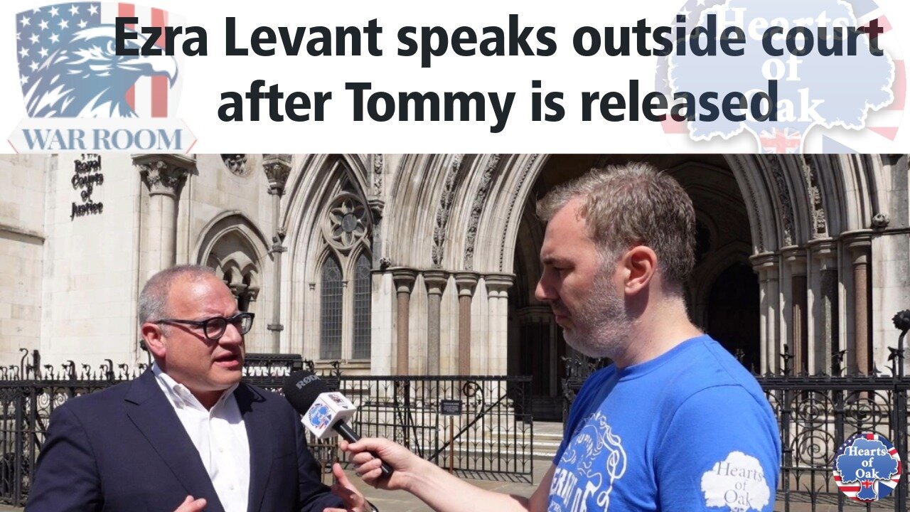 Ezra Levant speaks outside court after Tommy Robinson is released