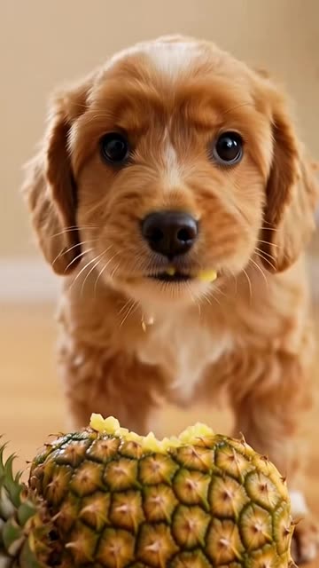 Labradoodle Puppy eating Pineapple