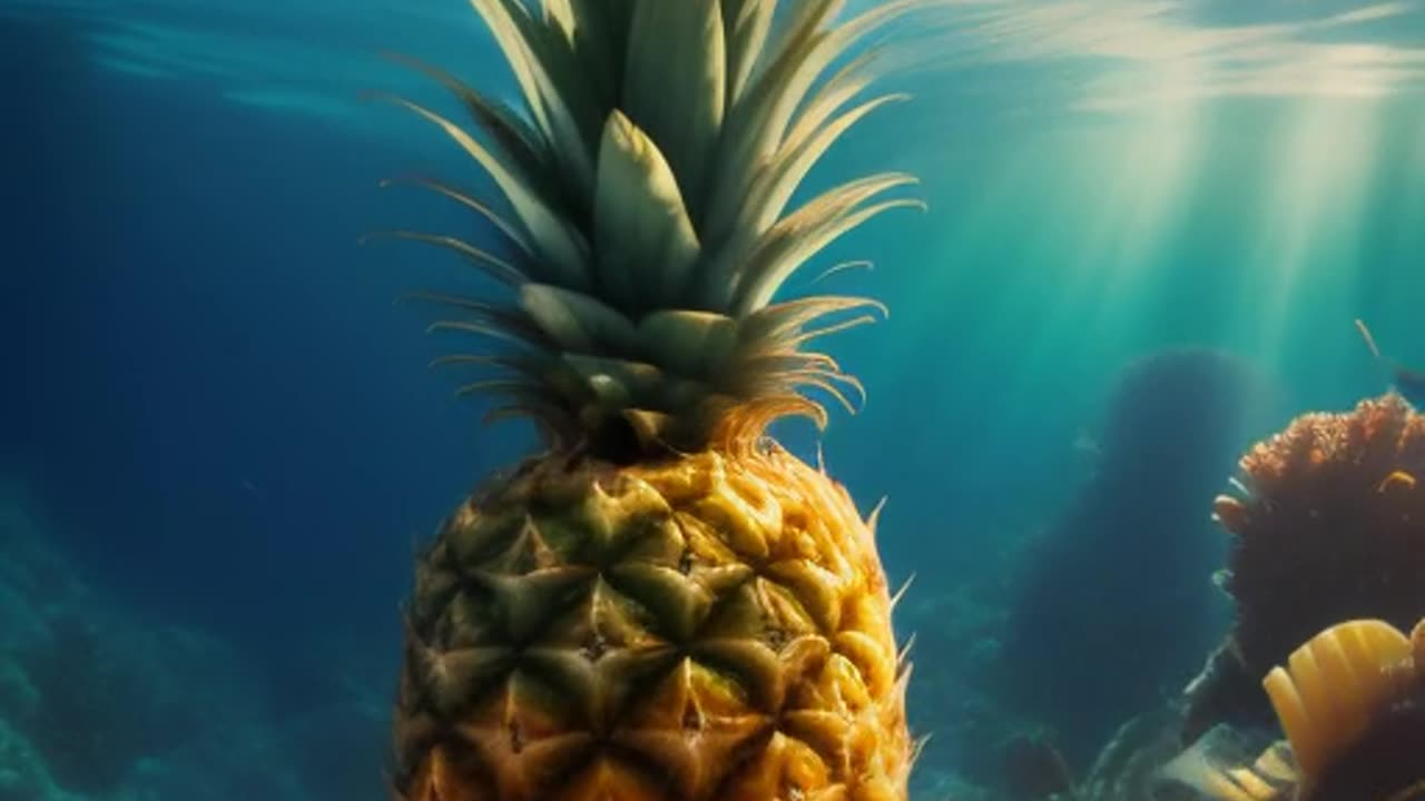Pineapple submerged under the sea.mp4