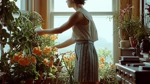 woman looks down sadly and steps away from the window