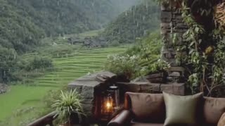 Panoramic resort balcony with raining, misty mountains, lush valley views.